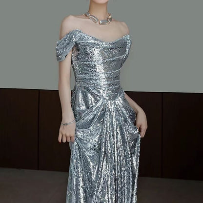 Sequin Gown Mermaid Plain Off-Shoulder Ruched Evening
