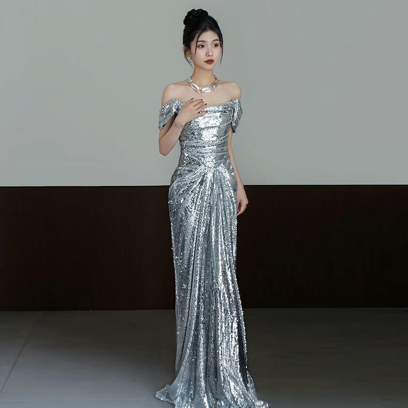 Sequin Gown Mermaid Plain Off-Shoulder Ruched Evening