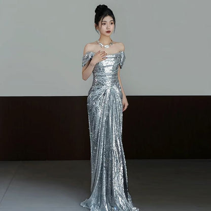 Sequin Gown Mermaid Plain Off-Shoulder Ruched Evening