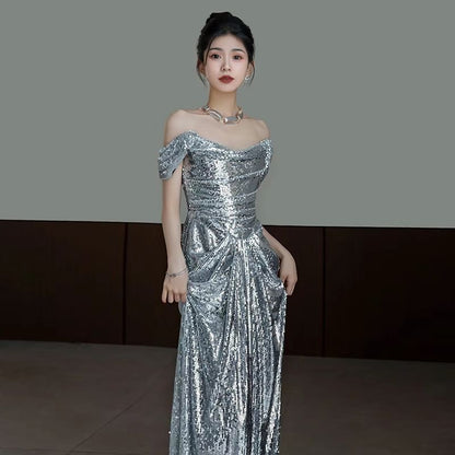Sequin Gown Mermaid Plain Off-Shoulder Ruched Evening