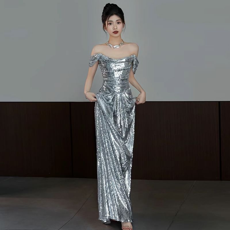 Sequin Gown Mermaid Plain Off-Shoulder Ruched Evening