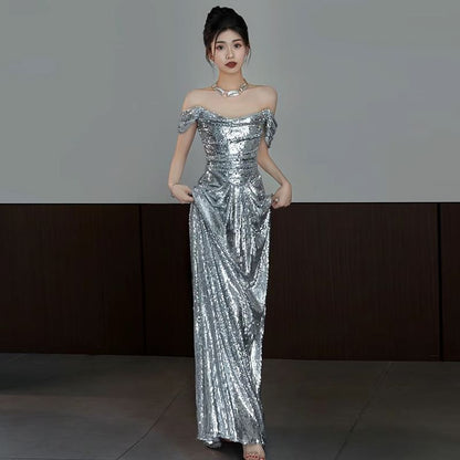Sequin Gown Mermaid Plain Off-Shoulder Ruched Evening