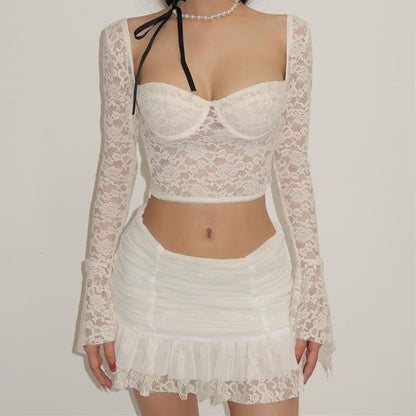 Lace Crop Top and Ruffle Mini Skirt Duo