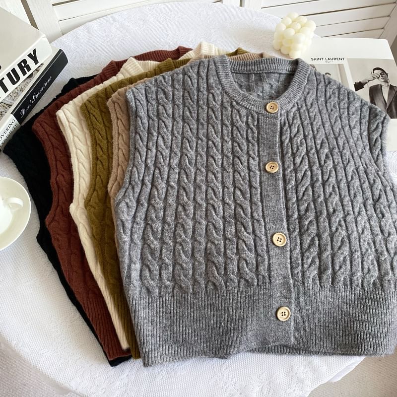 Crew Neck Plain Cable Knit Button Sweater Vest