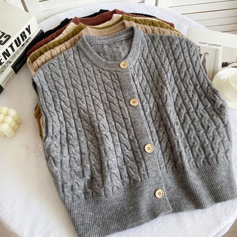 Crew Neck Plain Cable Knit Button Sweater Vest