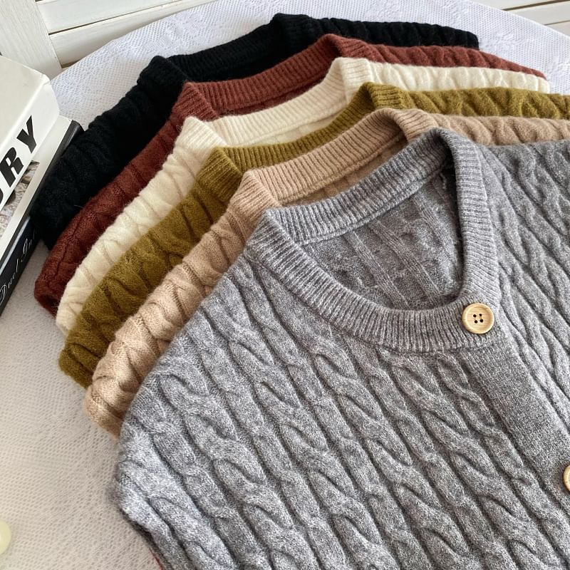 Crew Neck Plain Cable Knit Button Sweater Vest