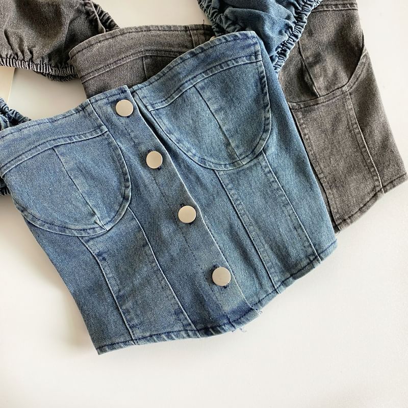 Crop Top aus gewaschenem Denim mit Puffärmeln und Knopfleiste