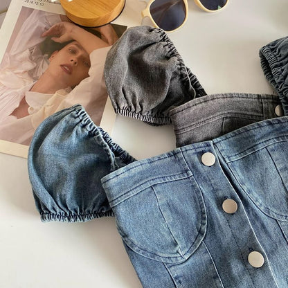 Puff-Sleeve Washed Denim Button Crop Top