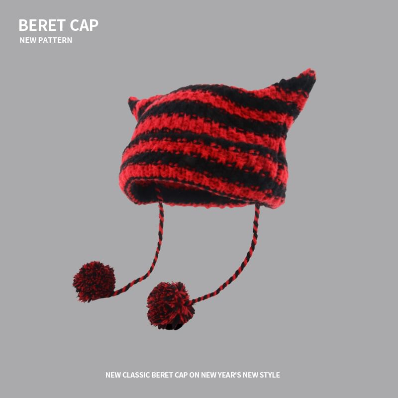 Devil Ear Striped Pom Pom Knit Beanie