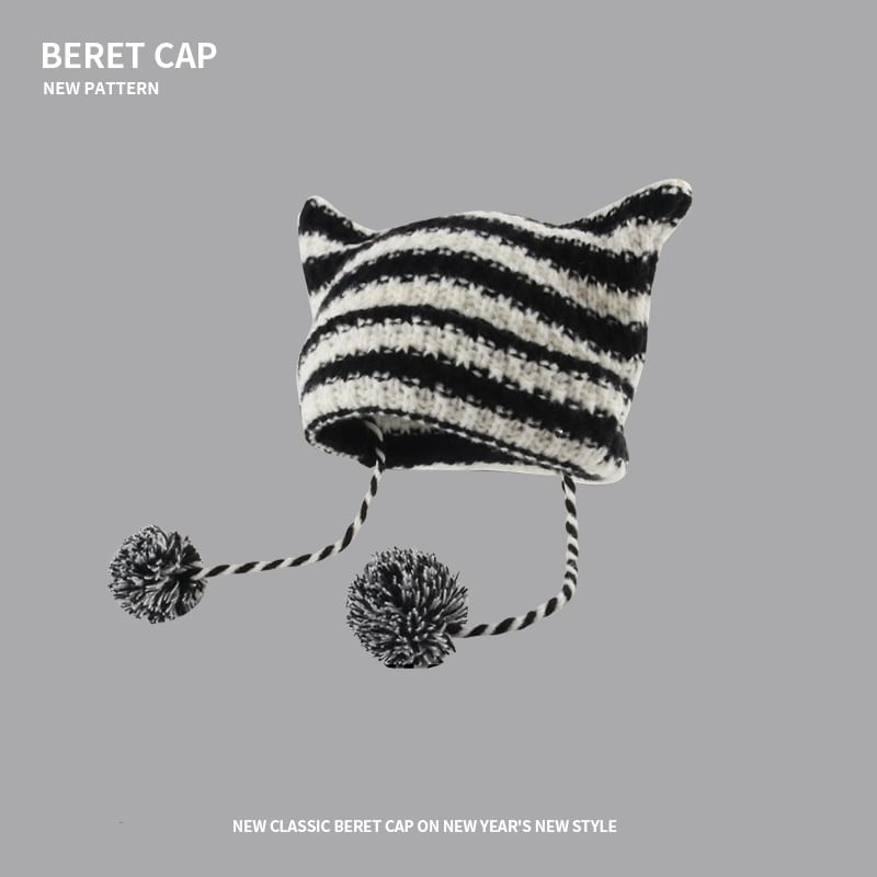 Devil Ear Striped Pom Pom Knit Beanie