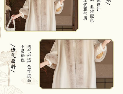 Plain Fluffy Trim Midi Coat / Long-Sleeve Floral Lace Qipao