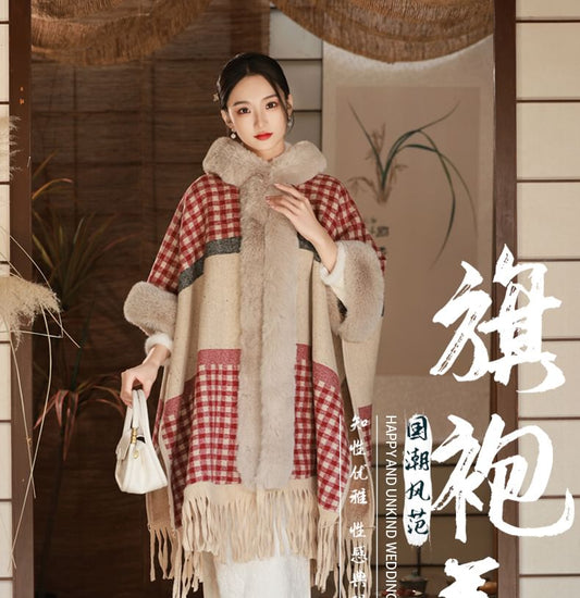 Plaid Fluffy Trim Midi Capelet / Long-Sleeve Floral Lace Midi Qipao