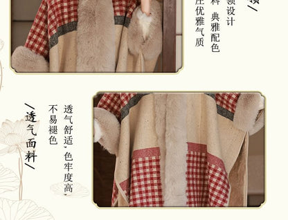 Plaid Fluffy Trim Midi Capelet / Long-Sleeve Floral Lace Midi Qipao