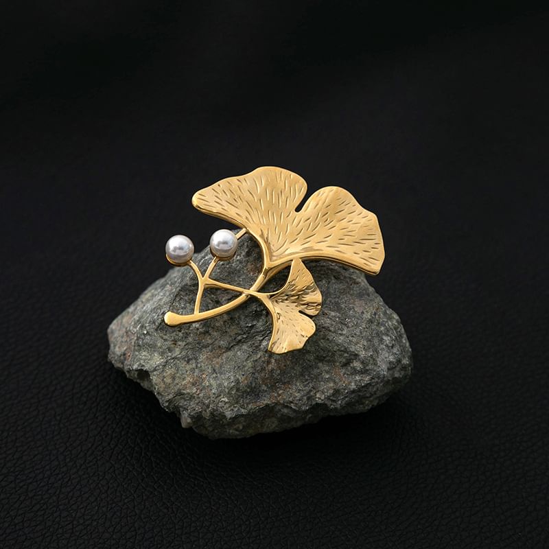 Ginkgo Faux Pearl Brooch