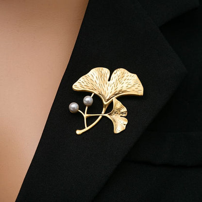 Ginkgo Faux Pearl Brooch