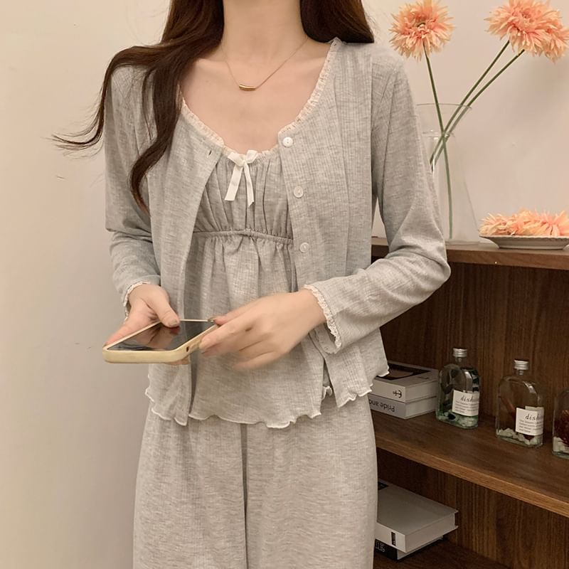 V-Neck Shirred Lace-Trim Pajama Set with Jacket