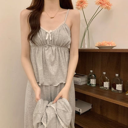 V-Neck Shirred Lace-Trim Pajama Set with Jacket