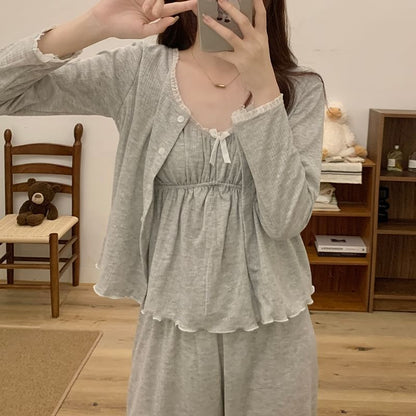 V-Neck Shirred Lace-Trim Pajama Set with Jacket