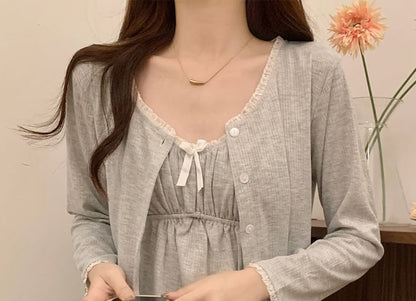 V-Neck Shirred Lace-Trim Pajama Set with Jacket