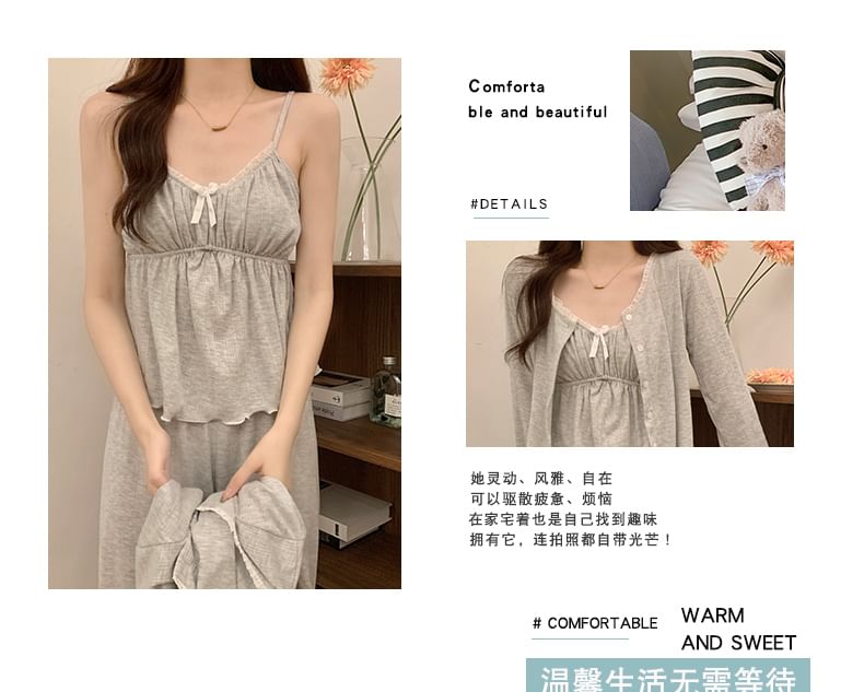 V-Neck Shirred Lace-Trim Pajama Set with Jacket