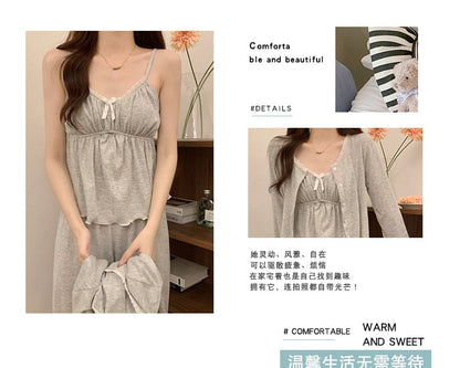 V-Neck Shirred Lace-Trim Pajama Set with Jacket