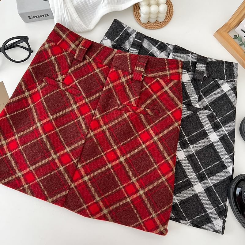 Woolen Tartan Tweed Mini Straight Skirt