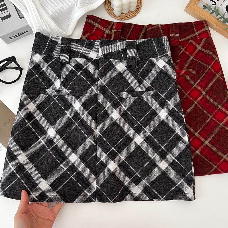 Woolen Tartan Tweed Mini Straight Skirt