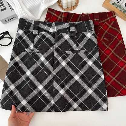 Woolen Tartan Tweed Mini Straight Skirt