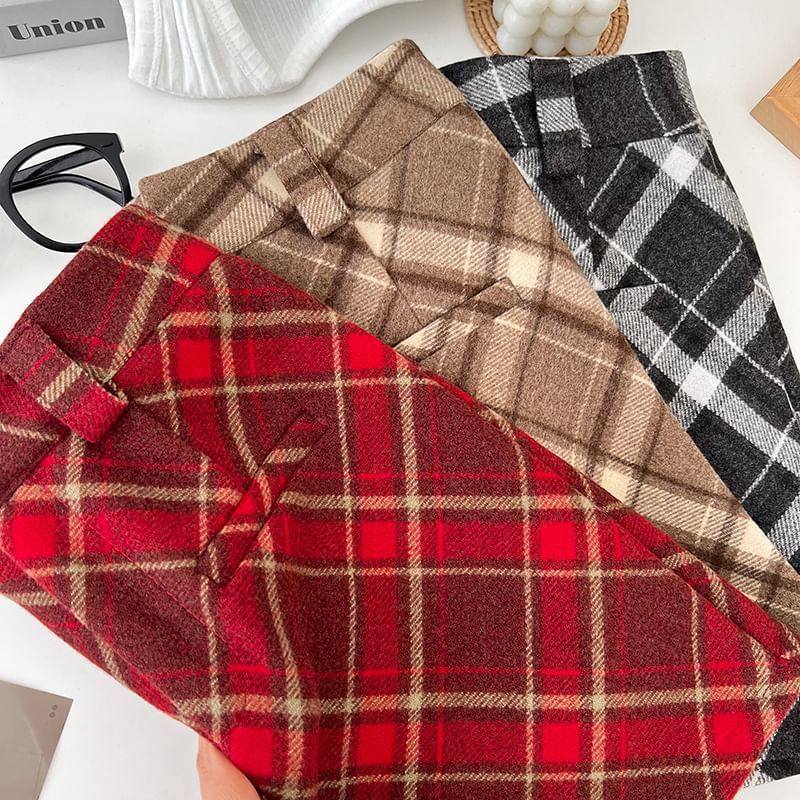 Woolen Tartan Tweed Mini Straight Skirt