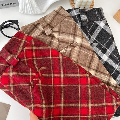 Woolen Tartan Tweed Mini Straight Skirt