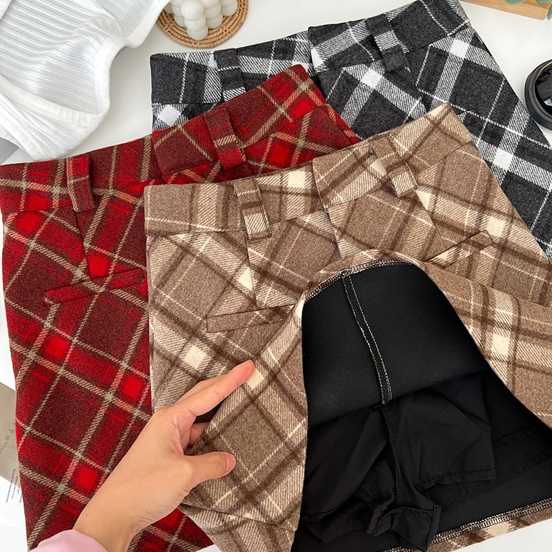 Woolen Tartan Tweed Mini Straight Skirt