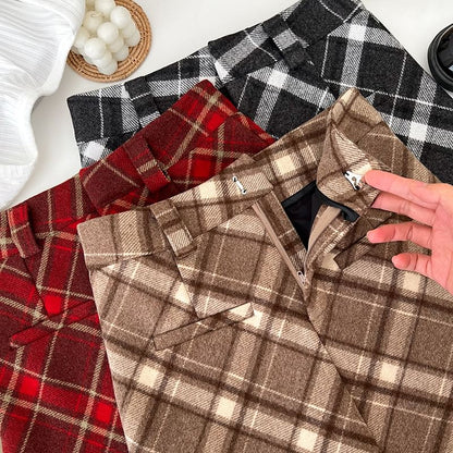 Woolen Tartan Tweed Mini Straight Skirt
