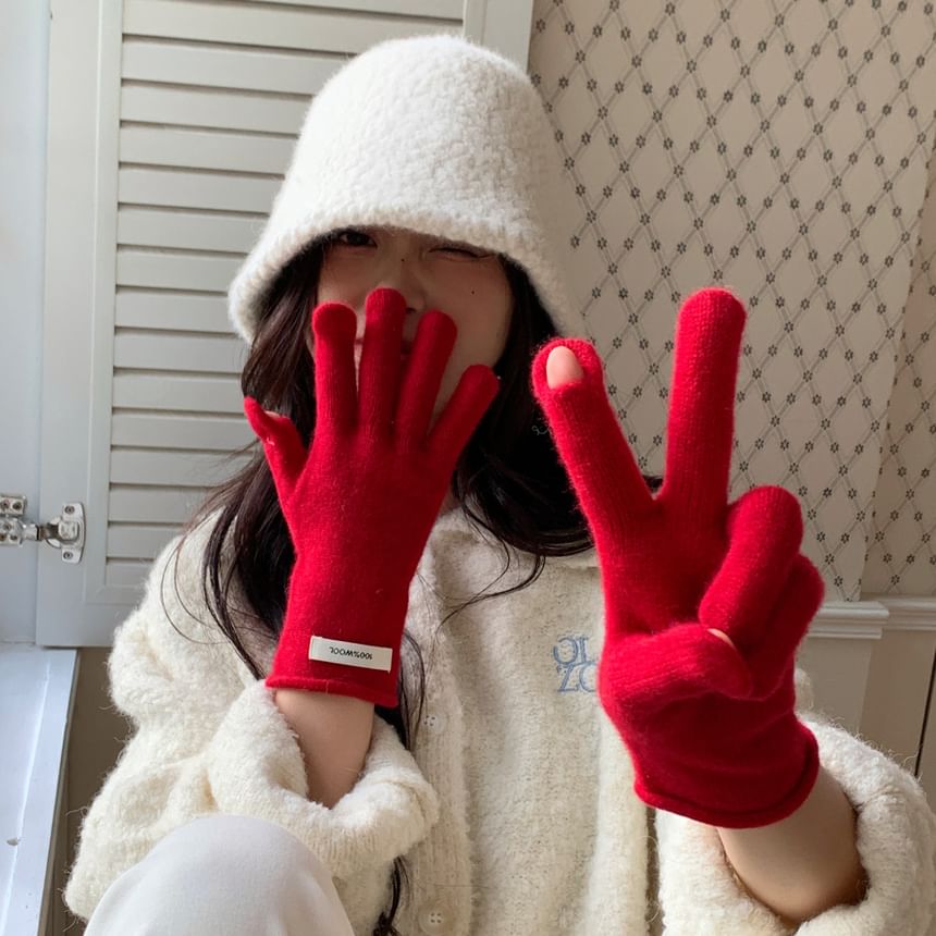 Lettering Applique Touchscreen Cutout Knit Gloves