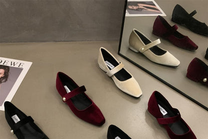 Square Toe Velvet Mary Jane Shoes