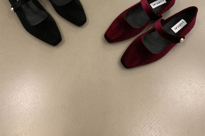 Square Toe Velvet Mary Jane Shoes