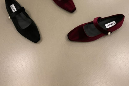 Square Toe Velvet Mary Jane Shoes