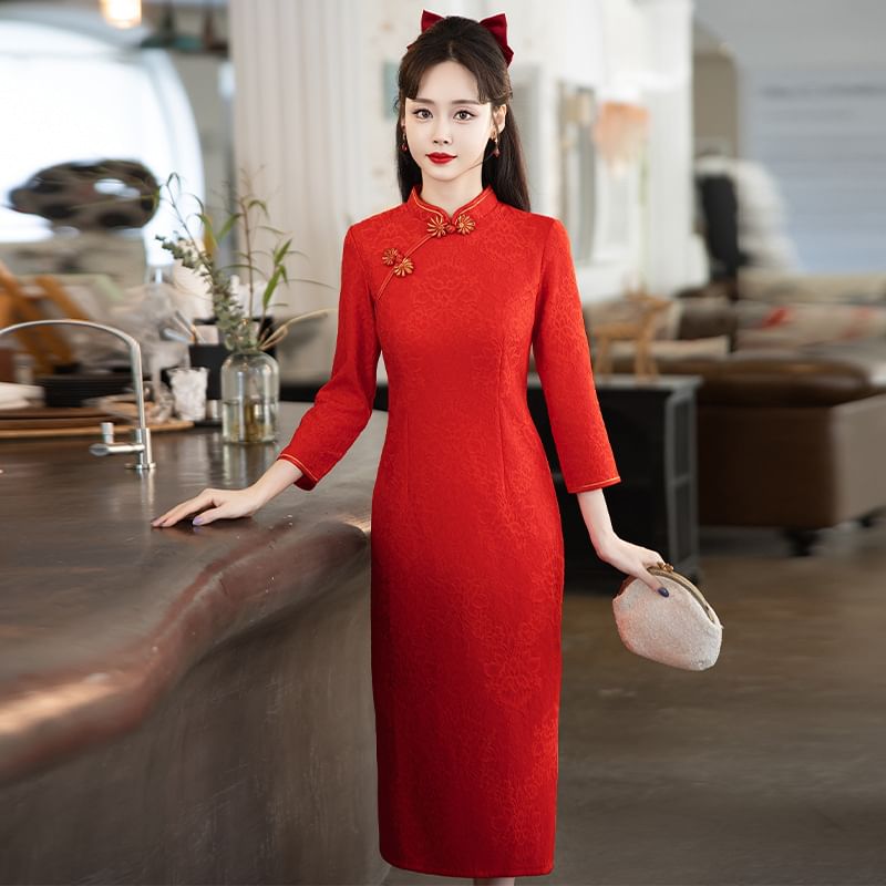 Long-Sleeve Band Collar Plain Midi Qipao