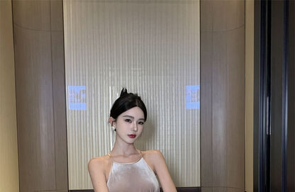 Halter Neck Velvet Maxi A-Line Dress