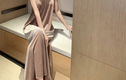 Halter Neck Velvet Maxi A-Line Dress