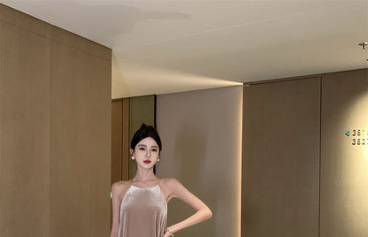 Halter Neck Velvet Maxi A-Line Dress