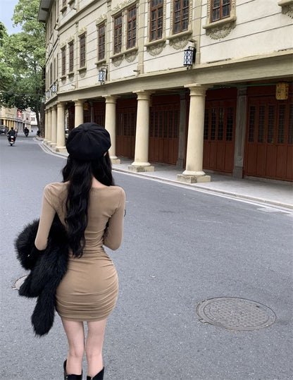 Long-Sleeve V-Neck Plain Mini Bodycon Dress