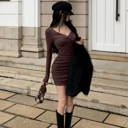 Long-Sleeve V-Neck Plain Mini Bodycon Dress