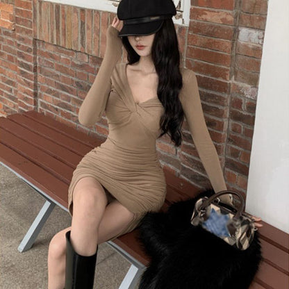 Long-Sleeve V-Neck Plain Mini Bodycon Dress