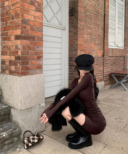 Long-Sleeve V-Neck Plain Mini Bodycon Dress