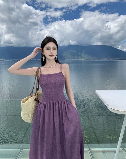 Spaghetti Strap Plain Midi A-Line Dress