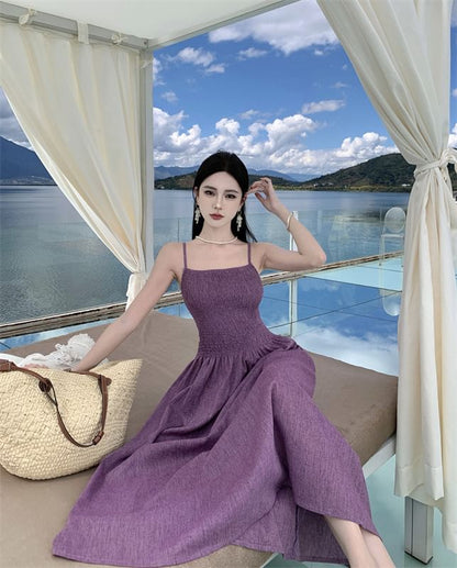 Spaghetti Strap Plain Midi A-Line Dress