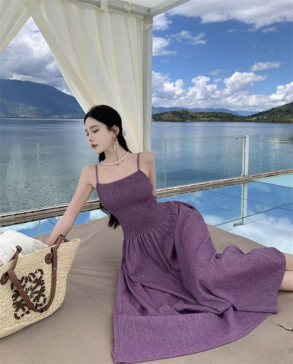 Spaghetti Strap Plain Midi A-Line Dress