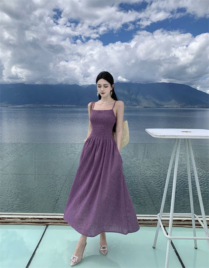 Spaghetti Strap Plain Midi A-Line Dress