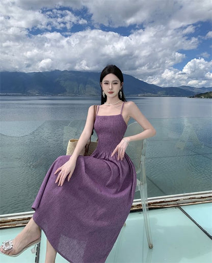 Spaghetti Strap Plain Midi A-Line Dress