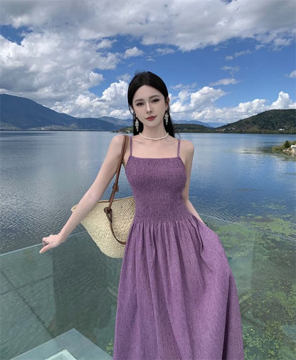 Spaghetti Strap Plain Midi A-Line Dress